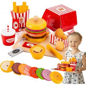 Accessoires De Cuisine Pour Enfants En Bois,Hamburgers,Frites,Jouets En Bois,Cola,Gâteaux,Pépites De Poulet,Jouets Éducatifs,Jeux De Rôles,Jouets Éducatifs Pour Enfants À Partir De 3,4,5,6 - Neuf