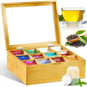 Kal-Boîte À Thé En Bois Avec 12 Compartiments 28 X 22.5 X 9 Cm, Boîte A The Compartiments Avec Couvercle Fenêtre Transparente, Conservation Du Thé, Boîte À Sachets De Thé Pour Conserver Les Arômes - Neuf