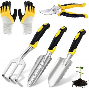 CHECARZHN--NO1-5 Pièces Outils De Jardinage, Outils De Jardin, Ensemble D'Outils De Jardinage Ensemble D'Outils Jardinage En Acier Inoxydable Avec Pelle, Râteau À Main, Truelle, Gants, Jardinage Outi - Neuf