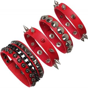 Eryi-4pcs Punk Bracelets Cuir Pu Alliage Rock Gothique Avec Rivets Multicouleurs Réglable Homme - Neuf