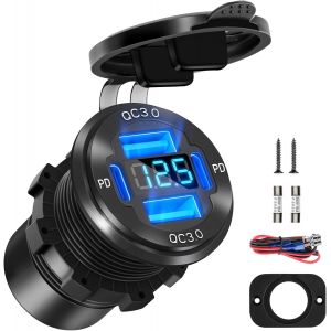 JGD-Prise USB C 12 V 78 W 4 ports Chargeur en aluminium Puissance Dual PD 30 W et Dual QC 18 W 12 V Montage USB avec voltmètre LED Prise allume-cigare pour camping-car, bateau, camion, moto, - Neuf