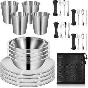 Asfasfq-Ensemble De Couverts De Camping Pour 4 Personnes, 24 Pièces En Acier Inoxydable Avec Étui, Bols, Assiettes, Couteaux, Fourchettes, Cuillères, Couverts De Camping Pour Les Voyages Et La - Neuf