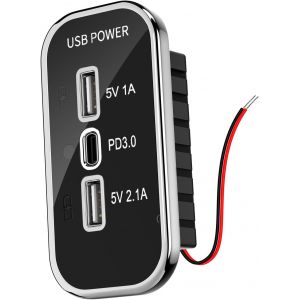 JGD-Prise USB 3 Ports 12 V, PD3.0 & Double Prise USB 12V Chargeur PD3.0 et QC3.0 Charge Rapide, Prise de Chargeur pour Bateau Voitures SUV Marine Camion Caravane - Neuf