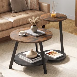 SUBZONAL-Lot de 2 Tables Basses Rondes, Tables Basses Gigognes avec Table d'appoint en Forme de C, Table de Canap&eacute; avec Espace de Stockage, Poste de Travail Salon, Chambre &agrave; Coucher, Brun Rustique - Neuf