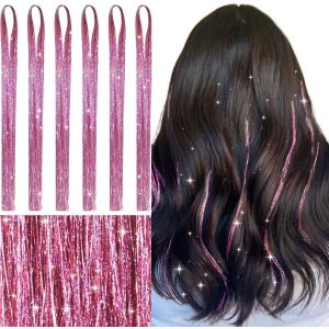 Kal-Kit De Pinceaux De Cheveux À Paillettes - Lametta - Rose - 122 Cm - Guirlande De Cheveux Colorée À Tresser - Pour Filles Et Femmes - Accessoire De Fête Pour La Saint-Valentin - Neuf