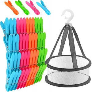 MEVRONISSHOP-60 Pi&egrave;ces Pinces &agrave; Linge avec Panier de Rangement, Epingle a Linge en Plastique, Pince a Linge Exterieur Solides, pour Chaussettes, Serviettes, V&ecirc;tements - Neuf