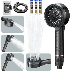 Pommeau Douche anti Calcaire, Pommeau de Douche Haute Pression avec Tuyau Douche 1.5M et Support de Douche, shower head Filtrant avec Filtre, Douchette avec 4 Modes de Jet, Gris clair - Neuf