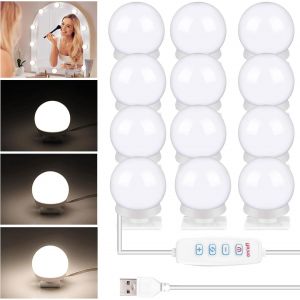 12pcs Lumière De Miroir,Led Miroir Coiffeuse,Lumière Miroir Coiffeuse,Hollywood Lumiere Coiffeuse,Dimmable Lampe Pour Miroir Cosmétique Salle De Bain 3 Couleurs - Neuf