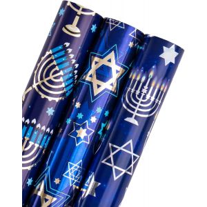 Rouleau De Papier D'emballage De Hanoukka - 3 Rouleaux - 43,2 Cm X 3 M Par Rouleau - Lumières De Menorah Bleues Et Conception D'étoile De David Avec Brillance De Feuille Métallique - Neuf