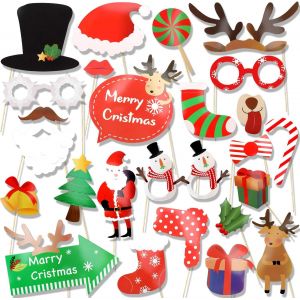 Checarzhn--No1-25pcs Noël Photo Booth Props Kit Lunettes Chapeaux Masquerade Noël Accessoires De Photobooth Faveur Pour Noël Decoration De Fête Anniversaire Mariage - Neuf
