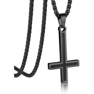 Trahoo-Collier Homme Croix De Saint Pierre En Acier Inoxydable/Noir, Pendentif Croix Inversée Avec Chaîne Spiga Ajustable De 3mm/55+5cm - Neuf
