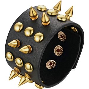 Kal-Bracelet Cuir Chapelet Bouddhique Perle Homme Corde Réglable Alliage Poignet Capitaine Pirate Tête Mort Crâne Rivet Punk Rock Bijoux Fantaisie Couleur Noir Or - Neuf