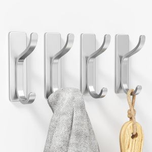 Crochets Adhésifs Muraux-Support Mural Résistant 6kg,Patère Métal Étanche Antirouille,Porte-Manteau Sans Percage,Pour Serviette,Cuisine,Salle de Bain,Porte,Argenté,4 Pièces - Neuf