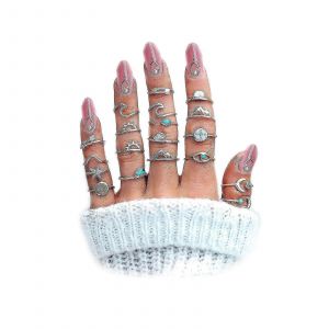 Boho R&eacute;tro Empilable Anneaux Ensembles Pour Adolescents Filles Femmes,Pic Mer Vague Boussole Turquoise Strass Articulation Doigt,Elrosa - Neuf