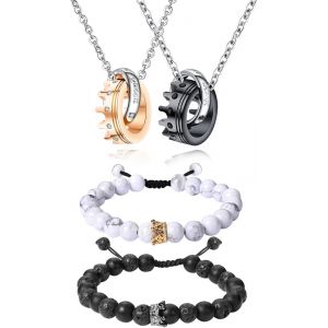 Kal-Parure De Bijoux Comprenant 1 Collier Et 1 Bracelet En Acier Inoxydable Avec Pendentif En Forme De Coeur, Puzzle King Queen Et Cha&icirc;ne De Perles En Oxyde De Zirconium, Bracelet Gourmette, - Neuf