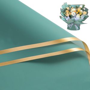 20 Feuilles De Papier Cadeau Pour Fleurs - 57x57 Cm - Bordure Dorée - Papier D'emballage Imperméable Pour Bouquets De Fleurs - Emballage Pour Fournitures De Fleuriste Pour Anniversaire - Vert - Neuf