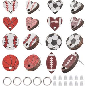 Kal-Pandahall Lot De 16 Boucles D'oreilles &Agrave; Tige En Bois Sur Le Th&egrave;me Du Sport : Basket-Ball, Football, Baseball, Rugby - Neuf