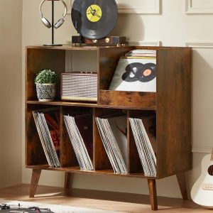 Grand support &agrave; vinyles avec rangement, support pour tourne-disque avec &eacute;tag&egrave;re pour platine et albums, pr&eacute;sentoir pour jusqu'&agrave; 300 disques, meuble d&eacute;coratif pour musique, salon et salle de r&eacute;ception. - Neuf