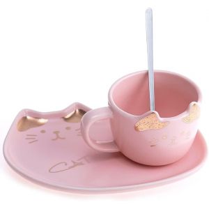 Eryi-- Tasse Chat - Design Kawaii - Support Chat Et Cuillère - Rose Et Doré - Porte-Bonheur Du Japon - Culture Nipponne - Décoration Japonaise - Idée Cadeau Japon Asie - Neuf