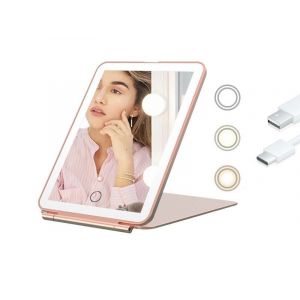 Miroir De Maquillage Led Usb &Agrave; Intensit&eacute; Variable Avec 3 Couleurs De Lumi&egrave;re Et Batterie Rechargeable - Rose - Neuf