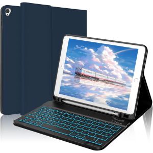 Étui Clavier Pour Ipad 10.2"" 9ème/8ème/7ème Génération - Air 3, Pro 10.5, Coque Azerty Français Bluetooth Amovible, 7 Rétroéclairages, Fente Pour Stylo, Bleu Foncé - Neuf