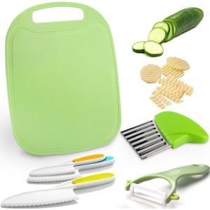 JEXNOVASHOP-6 Pi&egrave;ces Kit Couteau Cuisine Enfant, Couteau Montessori, Couteau Enfant qui ne Coupe pas, Kit Couteaux Securite de Cuisine pour Enfants, avec Planche &Agrave; D&eacute;couper pour Couper et Cuisiner - Neuf