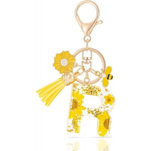 KAL-Letter Keychains Initiale Lettre Porte Clef Lettre,Alphabet Initial Keyring Avec Pampille Pendentif,Jaune Pétales Feuille D'Or Key Ring Pour Femmes Filles Portefeuilles Sac À Main Charme - Neuf