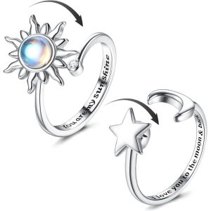 Kal-2pcs Argent Anti Stress Bagues Pour Femme Tournesol Spinner Bague Ajustement Bague Anxi&eacute;t&eacute; Pierre De Lune Bague Anxi&eacute;t&eacute; R&eacute;glable Ouverts Fidget Bague Pour Femme Anti Stress - Neuf