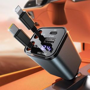 4 en 1 Rétractable Chargeur Voiture 69W Chargeur Voiture Allume Cigare USB C Câble Magique & Rebond Instantané Accessoires Voiture Chargeur de Voiture pour iPhone/Galaxy/iPad/Pixel, Gris - Neuf