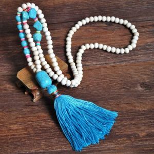 Kal-Collier Pour Femme Avec Pendentif Pompon - Longue Chaîne En Perles En Bois - Style Rétro - Style Bohémien - Multicolore - 81 Cm - Neuf