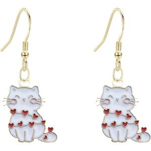 Kal-Boucles D'oreilles Chatons Coeurs Rouges &Eacute;maill&eacute;s - Bijoux Animaux Adorables Cadeaux L&eacute;gers Pour Femmes - Neuf