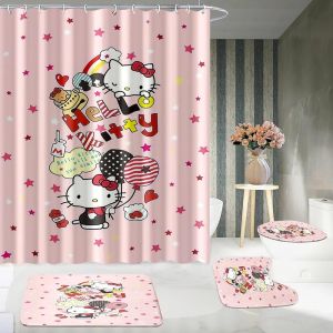 1/4 Hello Kitty Dessin Animé Mignon Rideau De Douche Ensemble De Salle De Bain,Tapis De Sol Antidérapant,Tapis De Sol En Forme De U,Siège De Toilette,Accessoires De Salle De Bain.18. 90x 180 Set - Neuf