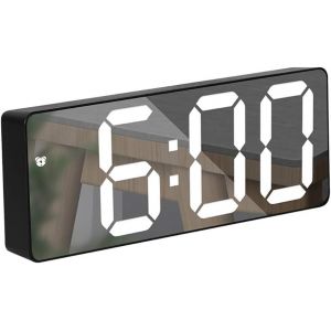 KAL-Réveil Numérique Avec Grand Écran Led Et Miroir, Fonction Snooze, Luminosité Réglable, Commande Vocale, Piles Et Prise De Courant - Idéal Pour Les Enfants, Le Bureau, La Table De Nuit, Blanc - Neuf