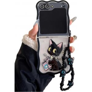 JGD-Coque pour Samsung Galaxy Z Flip 6 avec Chat Anim&eacute;, Coque Kawaii Pliable Antichoc pour Galaxy Z Flip 6 avec Bracelet - Neuf