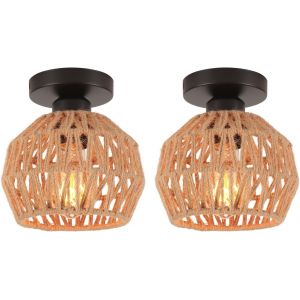 Kal-Lot De 2 Plafonnier Vintage Industriel E27 Lampe De Plafond Rétro Abat-Jour En Métal Et Chanvre Corde Luminaire Plafonnier Pour Chambre À Coucher Cuisine Couloir, Ø16cm - Neuf