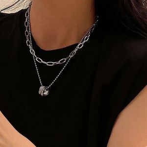 Kal-Collier Superpos&eacute; Collier Paperclip Choker Cha&icirc;ne Satellite Argent Collier Pendentif Cercle Rond Collier Cha&icirc;ne Maillon Collier Double Cha&icirc;ne Paperclip Bijoux Pour Femmes Et Adolescentes - Neuf
