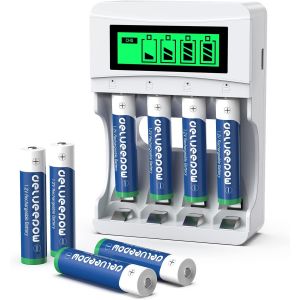 8 Piles Rechargeables AAA 1100mAh avec Chargeur de Piles AA et AAA 4 Slots, Haute Capacit&eacute; 1.2V Batterie Rechargeable Chargeur avec Indicateur LCD Intelligent - Neuf