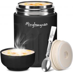 MEVRONISSHOP-R&eacute;cipient isotherme pour aliments - 600 ml - En acier inoxydable - Avec cuill&egrave;re - 100 % &eacute;tanche - Pour garder au chaud - Mueslicup ou pour b&eacute;b&eacute; - Noir - Neuf
