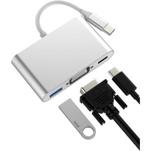 TRAHOO-Adaptateur USB C vers VGA USB 3.0 OTG MacBook pour iPad pour Apple iPhone 16 15 Pro Max Type C Chargeur C&acirc;ble Adapters DisplayPort TV Thunderbolt Convertisseur Compatible avec Samsung S25 S24 - Neuf