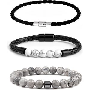 Eryi-2 Pièces Ensemble De Bracelets Pour Homme Noir Bracelet En Cuir En Tressée Bracelet Pierre Naturelle Bracelet Oeil De Tigre Pierre De Lave Saint-Valentin Anniversaire Cadeaux - Neuf