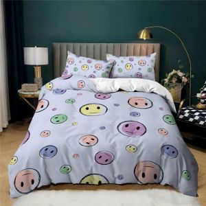 Housse De Couette Smiley Emoji Doodle, 100 % Coton À Fibres Longues, Parure De Lit Respirante Et Légère Avec Fermeture À Boutons Dissimulée - Neuf
