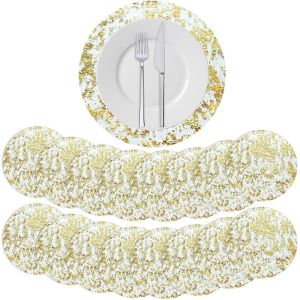 Eryi-Set De Table Doré Rond, 24 Pièces Dessous Assiette De Table Maille En Feuille D'or Sets De Table Tulle Maille Pour Dîners En Famille, Restaurants Occidentaux, Tables De Fête Décoration - Neuf