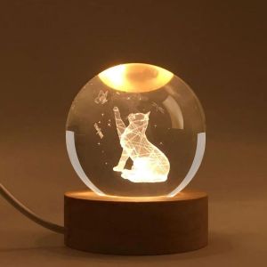 Veilleuse En Forme De Boule De Cristal En Forme De Chat &Agrave; 16 Couleurs, Boule De Verre En Forme De Chat De 6,9 Cm Avec Support Led De Couleur, 7 Variations De Couleur (Chat) - Neuf