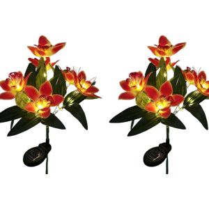 Lot De 2 Lampes Solaires En Forme De Fleur &Agrave; 7 T&ecirc;tes Pour Jardin, Lampe Led R&eacute;sistante &Agrave; L'eau, Lumi&egrave;re Chaude, Hauteur 70 Cm - Neuf