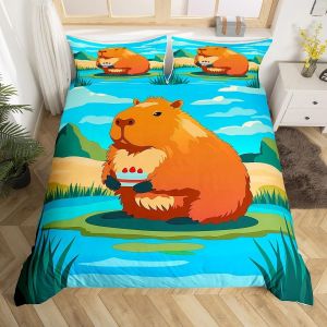 Simple (Sans Couette)-Bleu Gris-Housse De Couette Double Pour Enfants, Motif Capybara, Dessert, Gâteau Aux Fraises, Housse De Couette Étoilée, Motif Donut, Mignon, Amoureux Des Animaux, Rose - Neuf