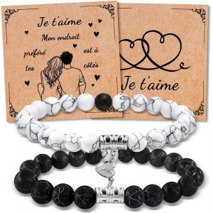 Kal-Cadeau Couple, 2pcs Bracelet Couple, Cadeau Mariage Magnetique Bracelet Connect&eacute; Couple Mit Noir Et Blanc Classique Pour Anniversaire Cadeau Paques - Neuf