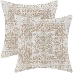 Cauc-Lot De 2 Housses De Coussin Carr&eacute;es En Lin &Agrave; Motif Ethnique Boh&egrave;me Pour D&eacute;coration Ext&eacute;rieure Et Int&eacute;rieure - Pour Canap&eacute; Et Lit - Marron, Beige Et Blanc - 50,8 X 50,8 Cm - Neuf