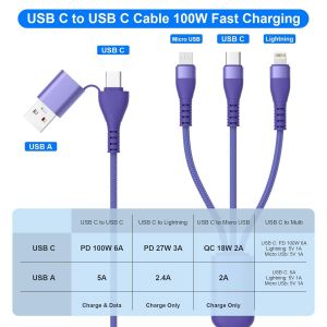 100W C&acirc;ble Chargeur Usb C Multi, 3M Cable Usb A + C Vers Lighning/ Type C/ Micro Usb, Usb C Avec Donn&eacute;es Pour Iphone 15 14 13 12 11 8 Ordinateur Portable Ipad Tablette T&eacute;l&eacute;phone Android, Certifi&eacute;[L1892] - Neuf