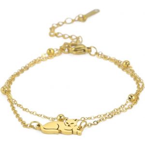 Eryi-Bracelet Pour Femme Avec Double Chaîne Chat Couché Acier Inoxydable Pendentif Chat Mignon Bracelet Double Couche Cadeaux Pour Les Amoureux Des Chats - Neuf