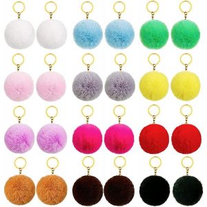 KAL-24Pcs Pompon Porte Clef 8Cm Pompons Peluche Fourrure Lapin Fausse Avec Anneaux Saut Porte-Clés Pom Poms Pendentif Accessoires Pour Femmes Filles Sac Chapeaux - Neuf